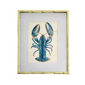 Painting Blue Lobster Original Watercolor in Metal Bamboo Frame Costal Decor